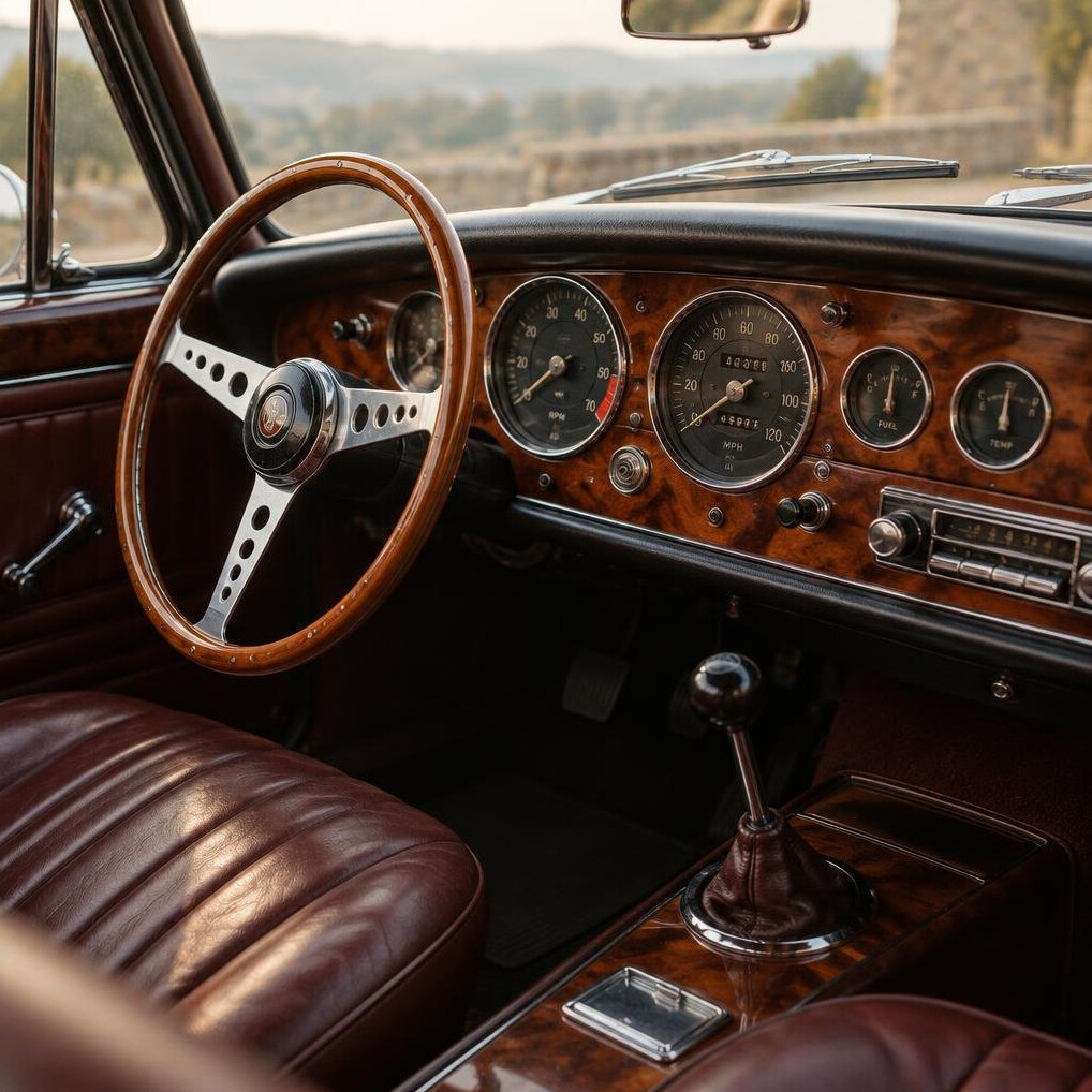 Interior view of a classic automobile's wooden dashboard and leather seats