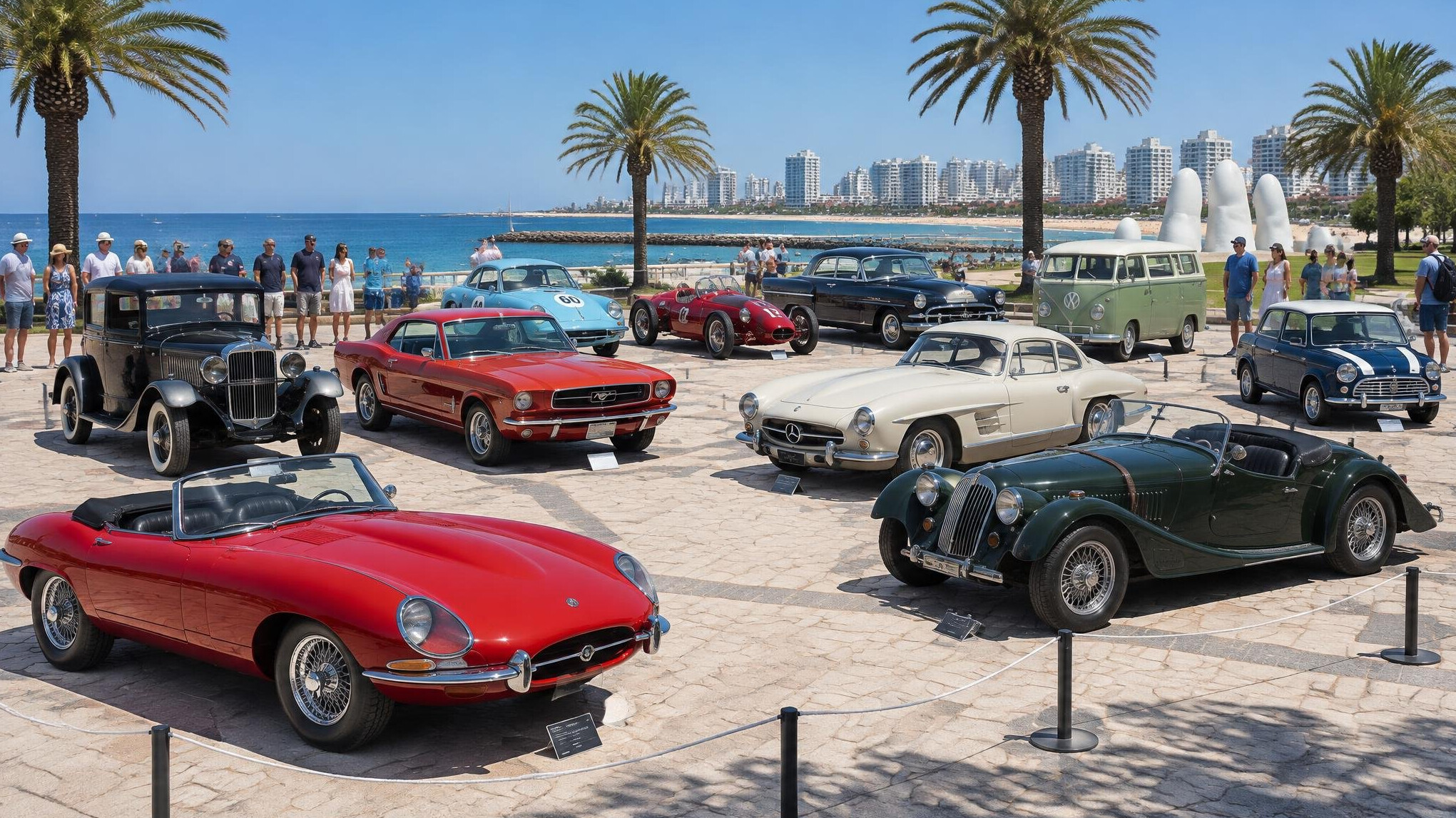 Group of classic automobiles gathered on a plaza in Punta del Este during a summer exhibition