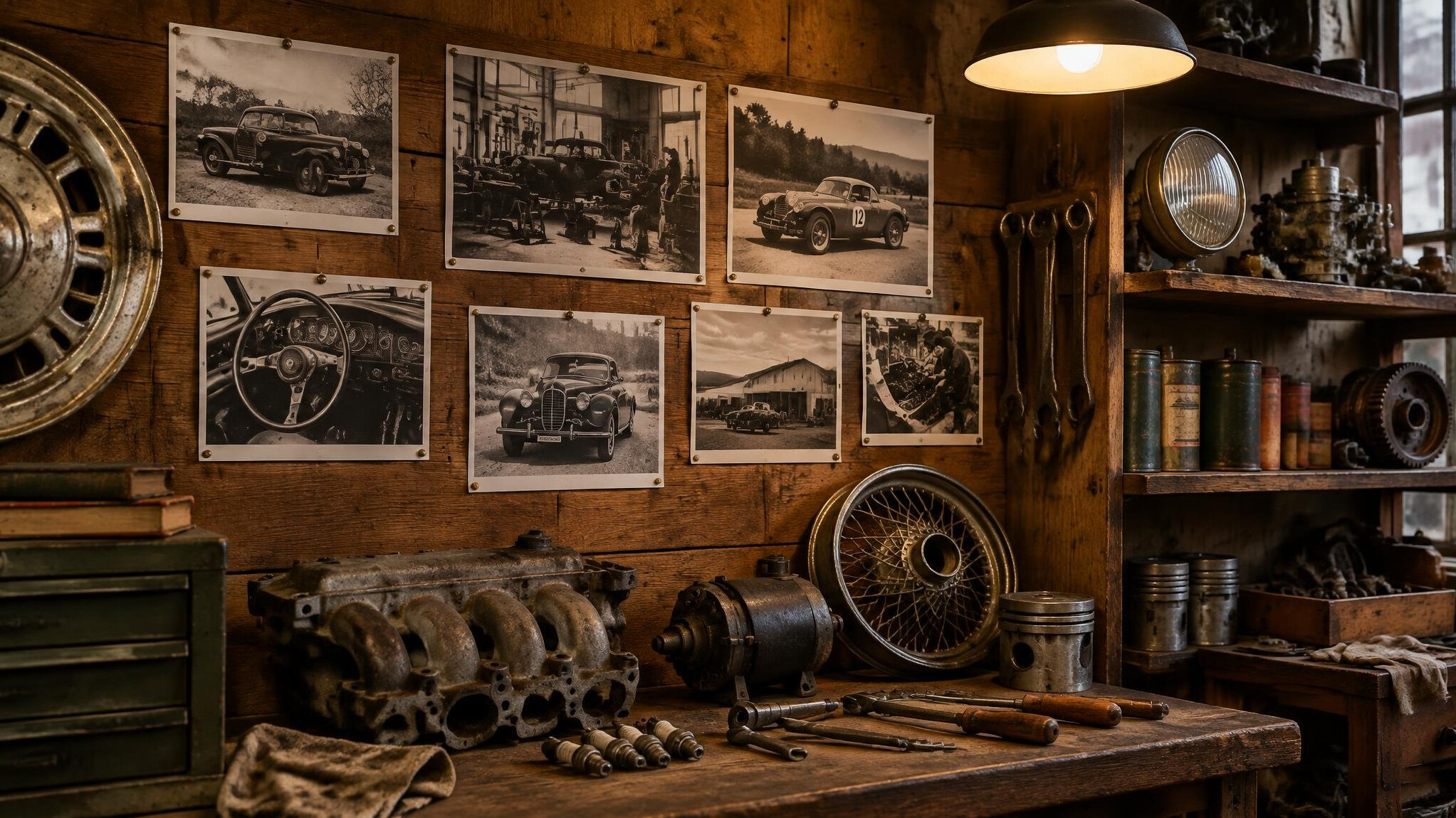 Archive shelf of black and white photographs and automobile parts in a restoration workshop