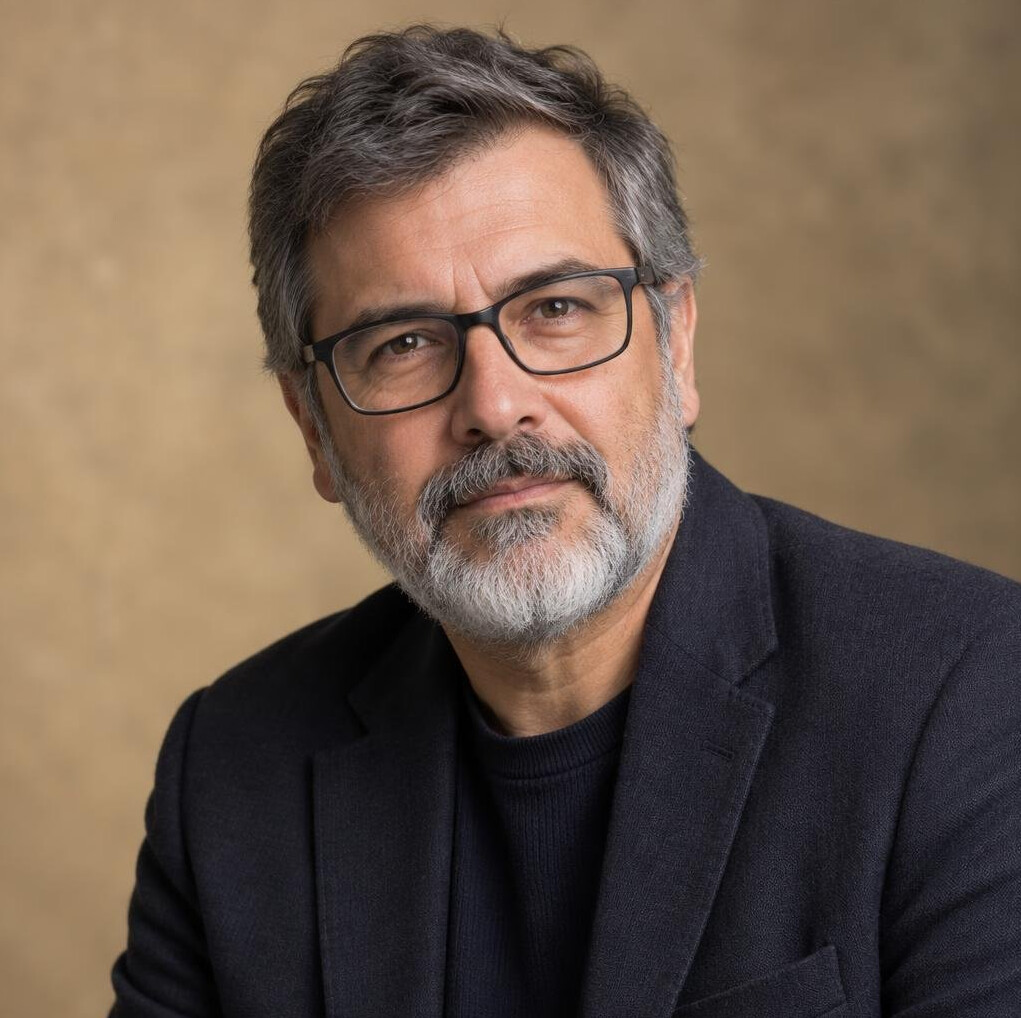 Studio portrait of a Uruguayan man historian in his fifties with gray beard