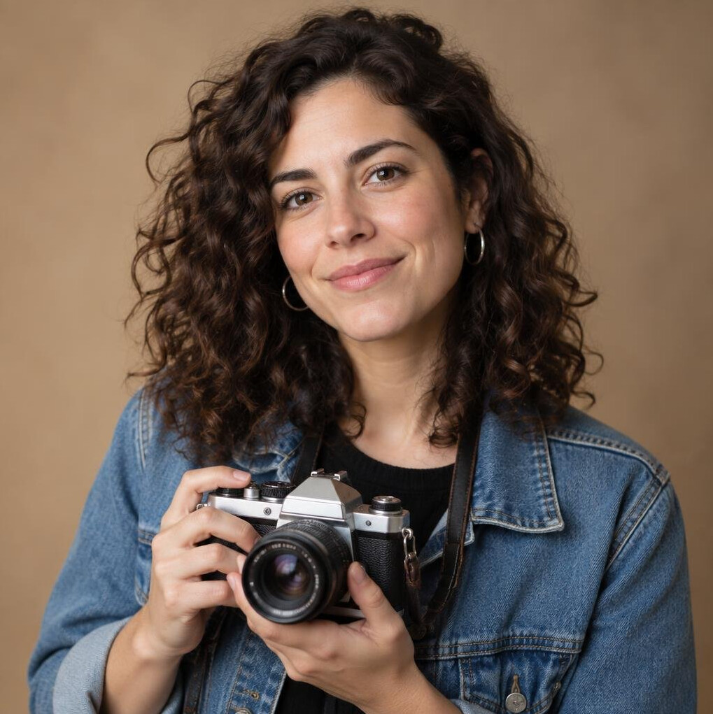 Studio portrait of a young Uruguayan woman photographer with curly hair