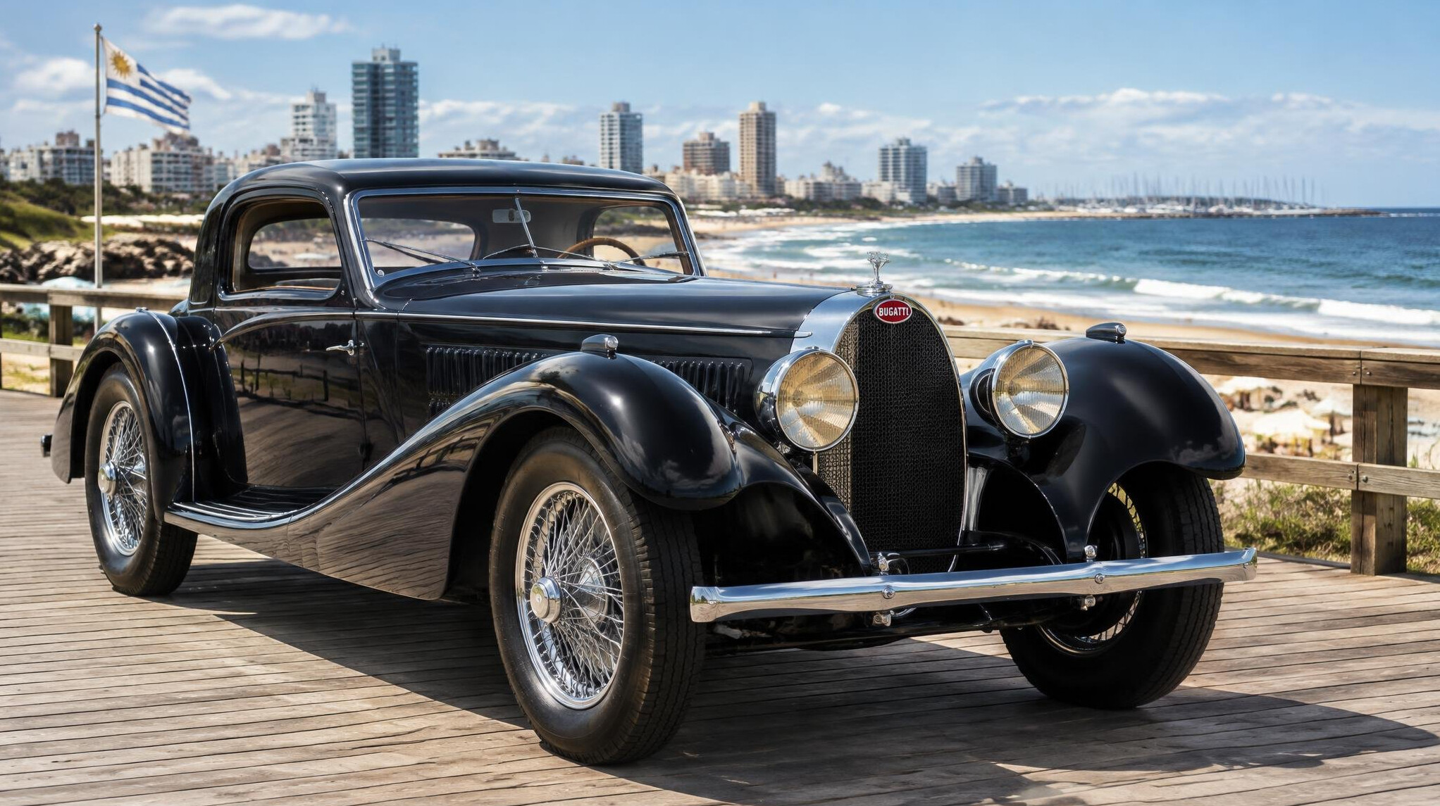 Rare vintage Bugatti automobile parked near the beach in Punta del Este