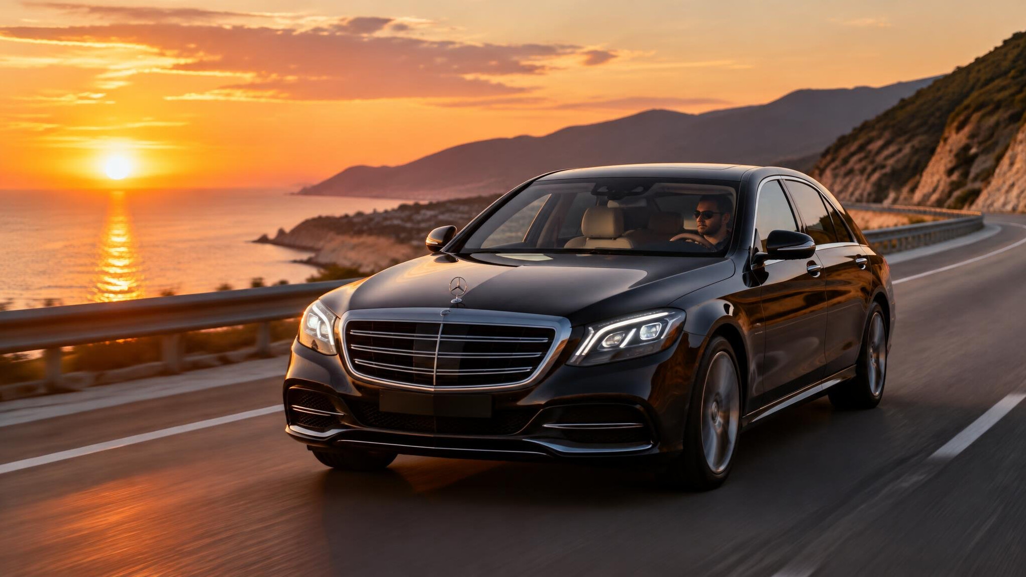 luxury car driving at sunset