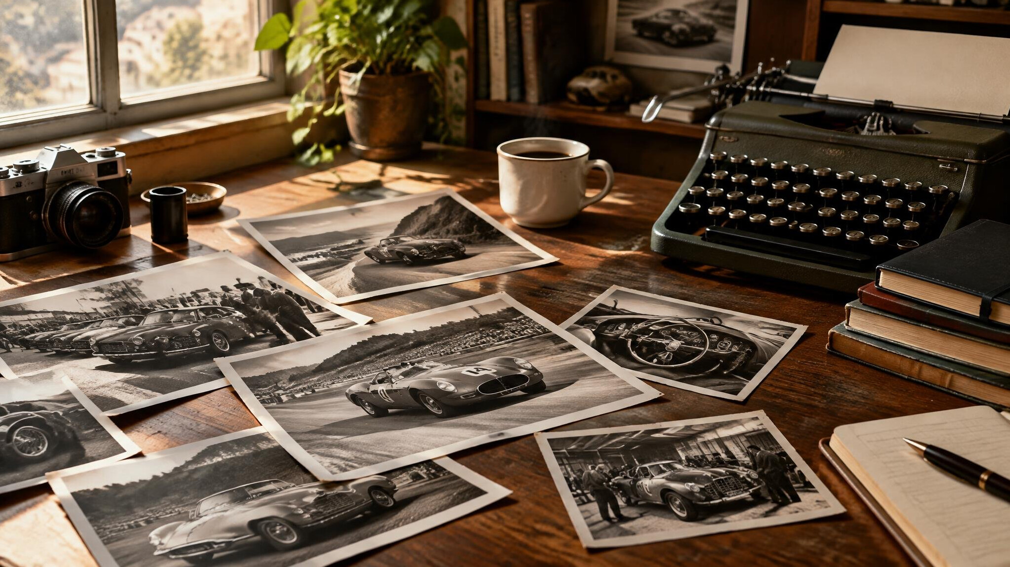 Editorial team desk with automobile archive photographs and a typewriter