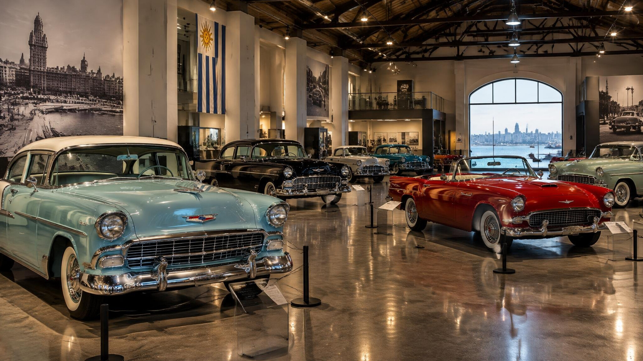 Interior of a classic automobile museum in Montevideo with vintage cars on display