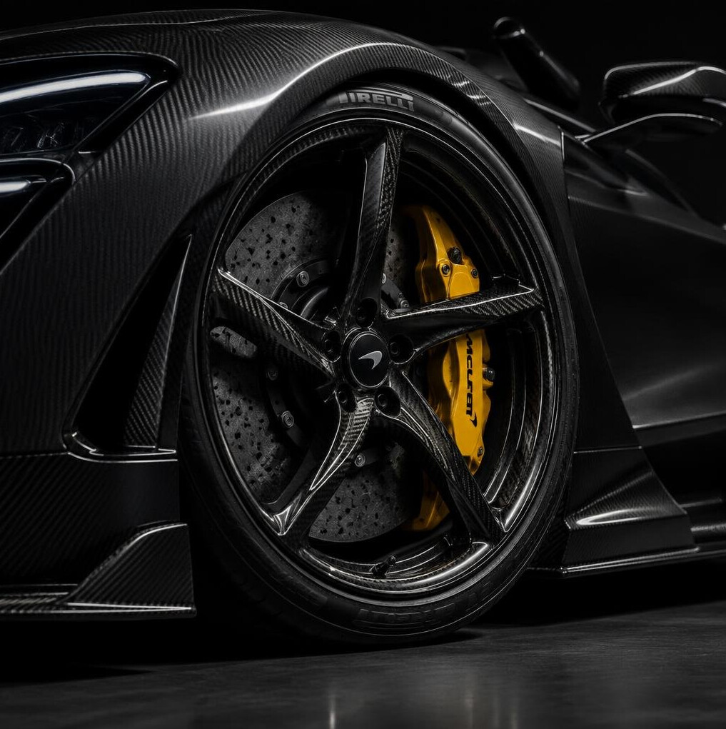 Close-up of a modern hypercar's carbon fiber wheel and brake caliper