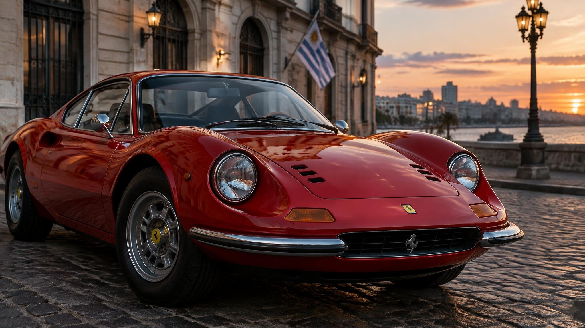 Close-up of a classic Ferrari sports car parked in front of a colonial building in Montevideo