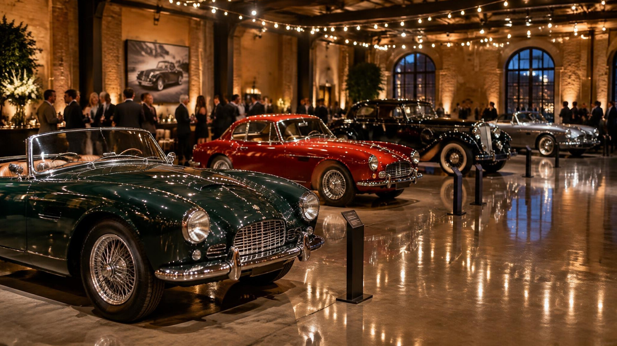 Vintage automobiles displayed under string lights at an evening exhibition hall