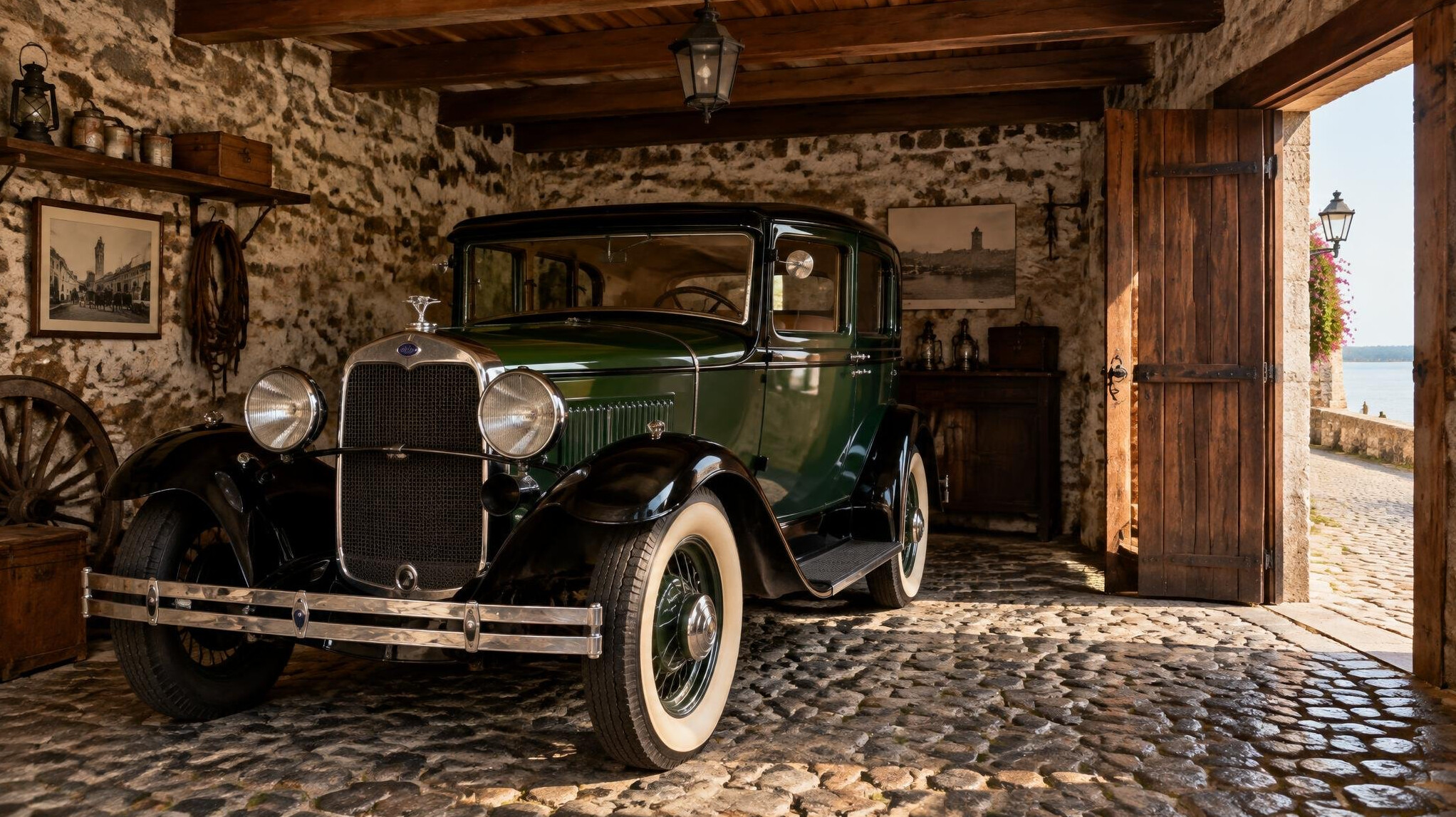 Historic stone garage in Colonia del Sacramento housing a restored antique automobile