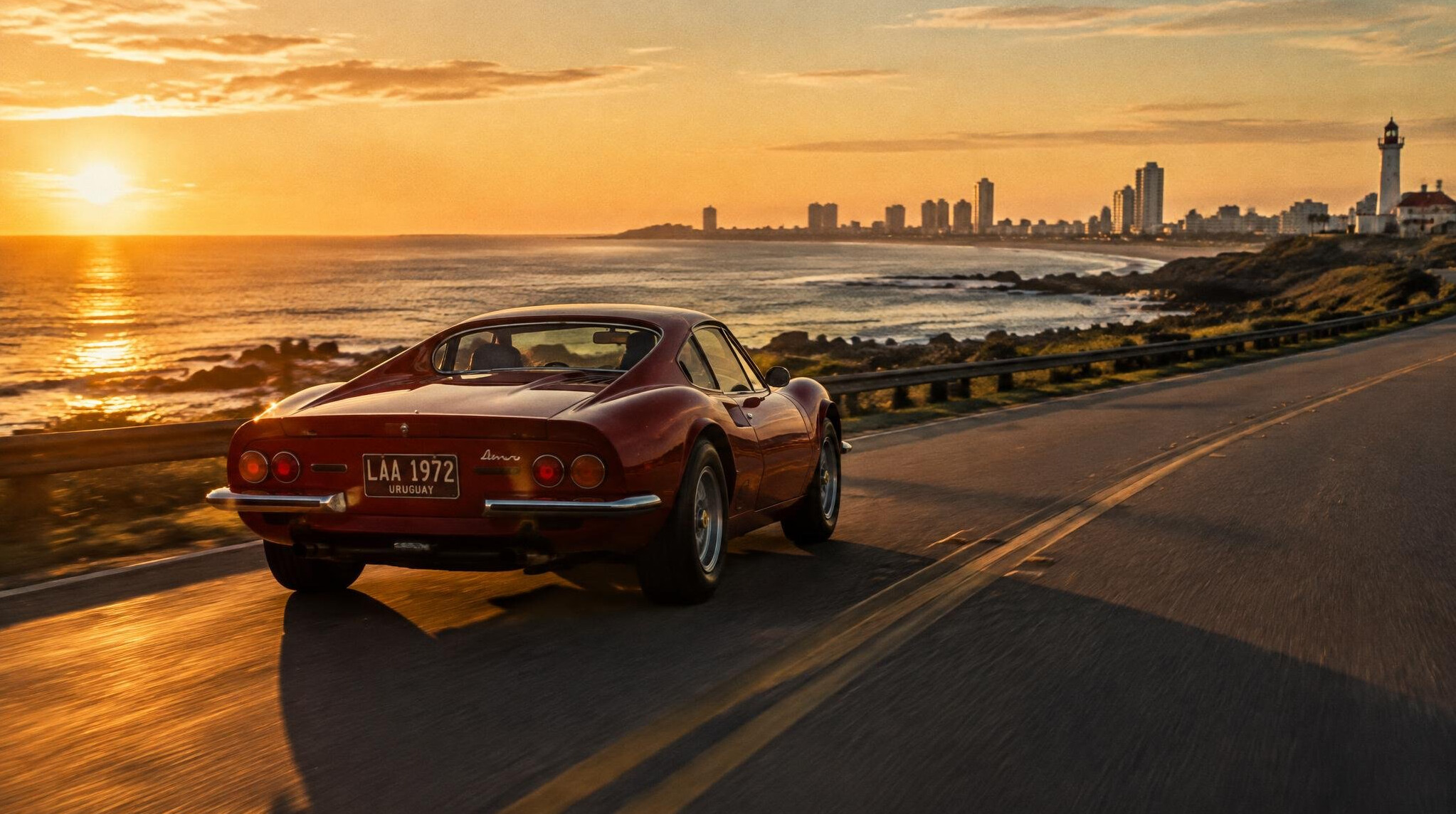 Vintage sports car driving along the coastal road near Punta del Este at sunset