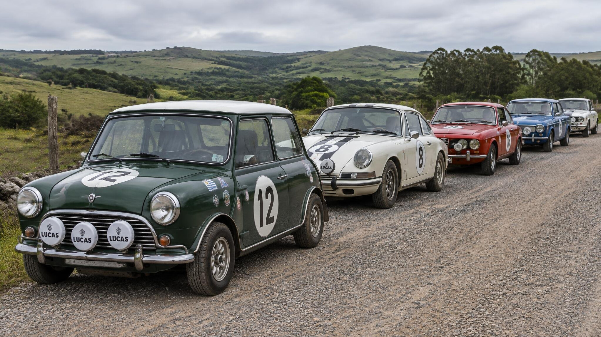 Row of classic rally cars parked on a rural road in Maldonado countryside